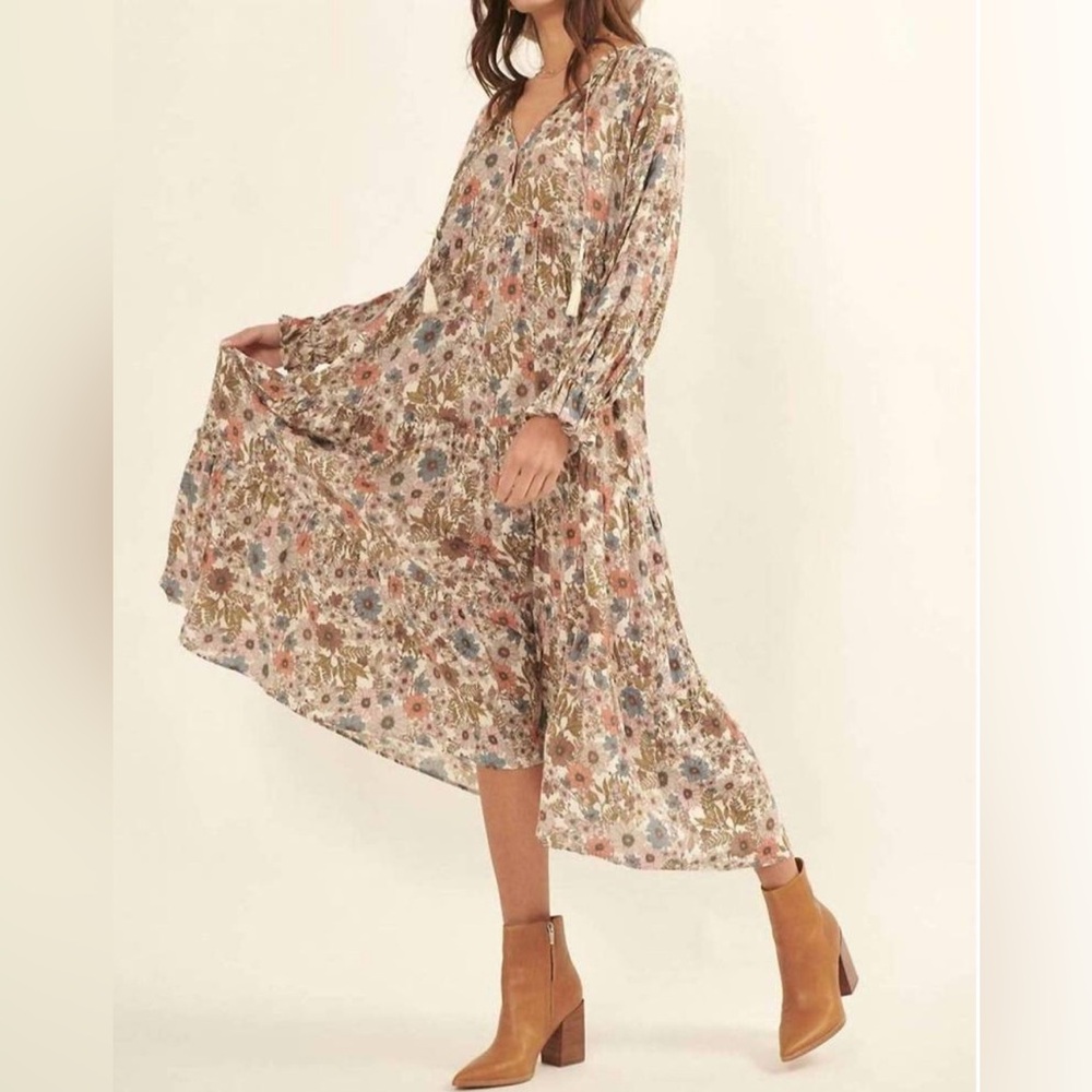 PROMESA Boho Print Women's V-Neck Dress Midi Underlay Semisheer Overlay Med. NWT
